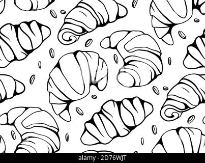 Seamless pattern with cartoon croissants and nuts on white background. French appetizer. Bakery product. Vector outline texture for wallpaper, backdro Stock Vector