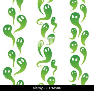 Set of vertical seamless borders from green ghosts with emotions. The object is separate from the background. Halloween decoration with spirits. Vecto Stock Vector
