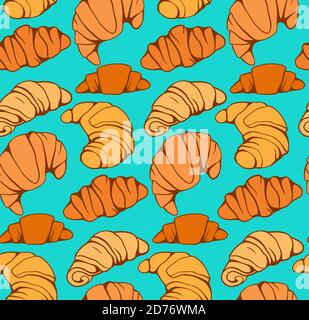 Seamless pattern with cartoon croissants and buns on turquoise background. French appetizer. Treats for the holidays. Bakery product. Vector texture f Stock Vector