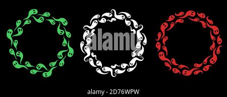 Set of round frames from white, green and red silhouettes of ghosts on dark background. Halloween decorations with spirits. Vector template for invita Stock Vector