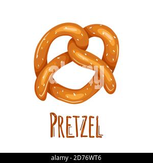 Cartoon pretzel with sprinkling and lettering. German appetizer. Treats for the holidays. Bakery product. Vector object for poster, articles, menus, c Stock Vector