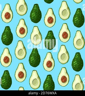 Seamless pattern with avocado halves in a row on blue background. Ingredients for Guacomole. Keto diet. Vector texture for wallpaper, fabrics, wrappin Stock Vector