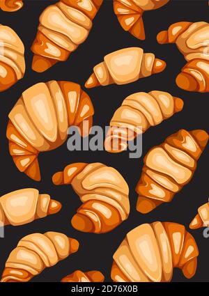 Seamless pattern with cartoon croissants and buns on gray background. French appetizer. Treats for the holidays. Bakery product. Vector texture for wa Stock Vector
