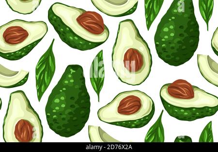 Seamless pattern with avocado halves, leaves on a white background. Ingredients for Guacomole. Keto diet. Vector texture for wallpaper, fabrics, wrapp Stock Vector