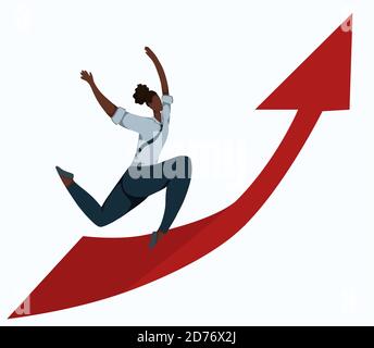 Flat illustration of a running african business woman on up arrow. Effort and victory. Achievements of goals. Champion at work. Successful employee. V Stock Vector