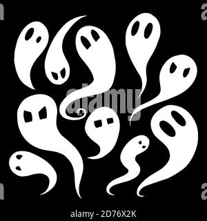 Set of white cartoon ghosts with emotions on black background. Spirits in different forms. Halloween elements for decorating. Vector object for cards, Stock Vector