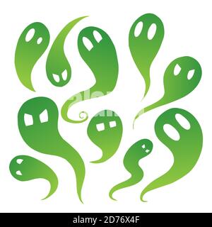 Set of green cartoon ghosts with emotions. Spirits in different forms. The object is separate from the background. Halloween elements for decorating. Stock Vector