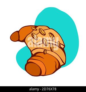 Doodle croissant illustration with sprinkling with nuts. Side view. French pastries. Breakfast treat. Vector cartoon picture for menus, recipes, cards Stock Vector
