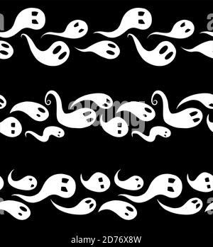 Set of horizontal seamless borders from white ghosts with emotions. The object is separate from the background. Halloween decoration with spirits. Vec Stock Vector