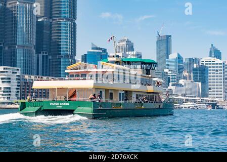 The Emerald Class Sydney Ferry, Victor Chang, named after the world leading surgeon, sails towards the Barangaroo wharf in Sydney Harbour, Australia Stock Photo