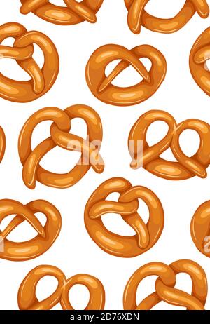 Seamless pattern with various cartoon pretzels. German appetizer. Treats for the holidays. Bakery product. Vector texture for wallpaper, backdrop, car Stock Vector