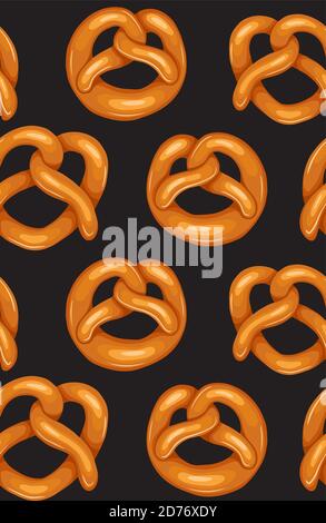 Seamless pattern with cartoon pretzels on gray background. German appetizer. Treats for the holidays. Bakery product. Vector texture for wallpaper, ba Stock Vector