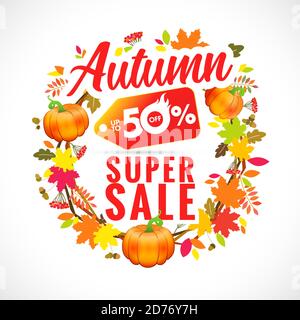 Autumn super sale with wreath pumpkin and leaf. Discount label hot sale in maple and oak foliage. Fall sale vector template banner up to 50% offer Stock Vector