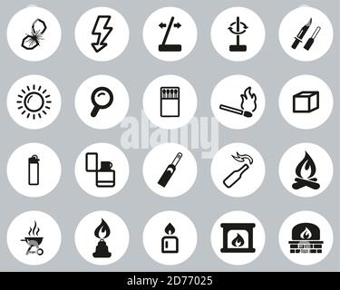 Fire & Fire Making Tools Icons Black & White Flat Design Circle Set Big Stock Vector