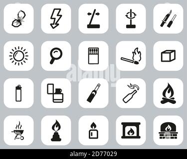 Fire & Fire Making Tools Icons Black & White Flat Design Set Big Stock Vector
