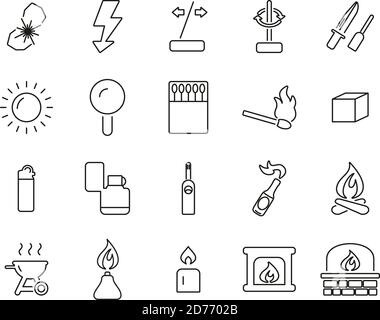 Fire & Fire Making Tools Icons Black & White Thin Line Set Big Stock Vector