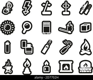 Fire & Fire Making Tools Icons White On Black Sticker Set Big Stock Vector