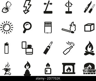 Fire & Fire Making Tools Icons Black & White Set Big Stock Vector