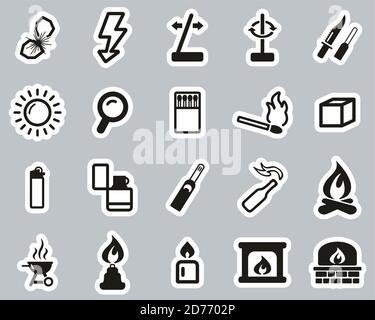 Fire & Fire Making Tools Icons Black & White Sticker Set Big Stock Vector