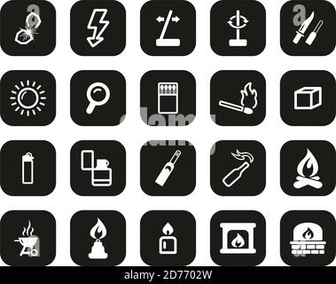 Fire & Fire Making Tools Icons White On Black Flat Design Set Big Stock Vector