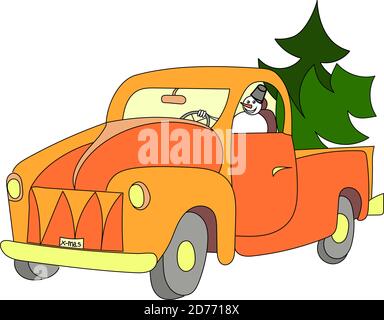 Snowman brings on his car cargo with two green Christmas trees Stock Vector