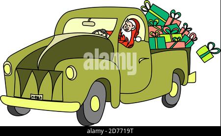 Santa Claus brings on his car cargo with colored Christmas gifts Stock Vector