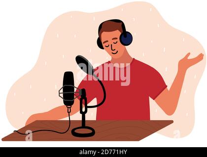 Caucasian man is doing live podcast. Male podcaster talking to microphone recording voice in studio. Vector illustration in flat style Stock Vector