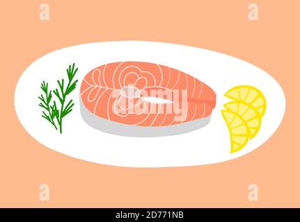 plate with salmon steak, slices of lemon and a twig of rosemary. Vector illustration isolated on a colored background Stock Vector
