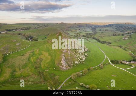 Aerial view wtih beautiful green landscape, Chrome Hill, Peak District National Park, Derbyshire, England, UK. Stock Photo