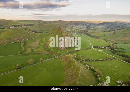 Aerial view wtih beautiful green landscape, Chrome Hill, Peak District National Park, Derbyshire, England, UK. Stock Photo