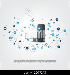 Abstract Modern Minimal Style Cloud Computing, Networks, IoT, Mobility and Telecommunications Concept Design with Icons and PC or Server Computer - Ve Stock Vector