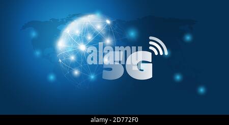 Futuristic Global 5G Mobile Networks Concept with Cluster of Glowing Nodes and Wireframe Globe - High Speed, Broadband Mobile Telecommunication and Wi Stock Vector
