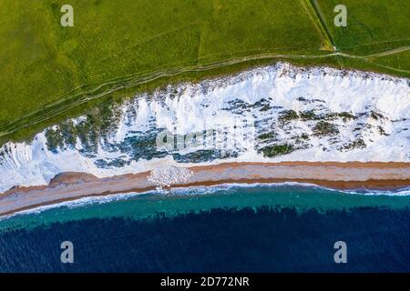 Aerial view wtih beautiful, UK England Europe Dorset Durdle Door Beach white cliff sunset Stock Photo