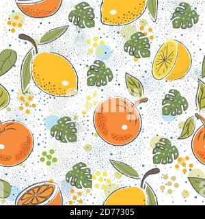 Seamless Pattern with cute lemons and oranges. Scandinavian Hand Drawn Style. Stock Vector