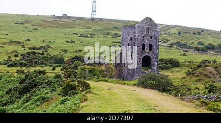 An old ruined Cornish mine building and rail trackbed near Caradon Hill and Minions, Cornwall, England, UK. Stock Photo