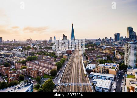 London, United Kingdom - August 20 2019: Aerial view of London cityscape The Shard Tower building, uk england London bridge rail station Stock Photo