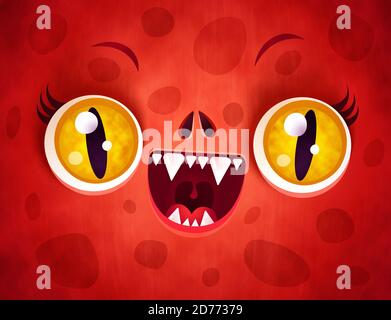 Vector cute face of red monster for Halloween mask. Kawaii face of dragon with yellow eyes for Halloween costume. Funny dragon face. Stock Photo