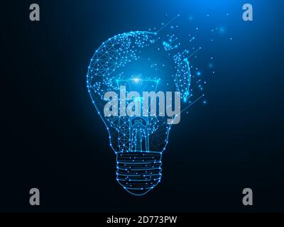 Light bulb and map of planet Earth polygonal illustration on dark blue background Stock Vector