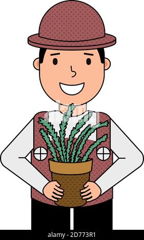 Gardener holding a flower in a pot vector illustration on a white background Stock Vector