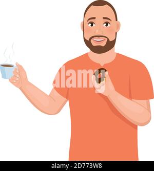 A young bearded guy holds a cup of coffee in one hand and a donut in the other. Stock Vector