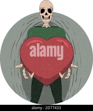 Skeleton holding heart symbol vintage art. A happy skeleton shows its feelings Stock Vector