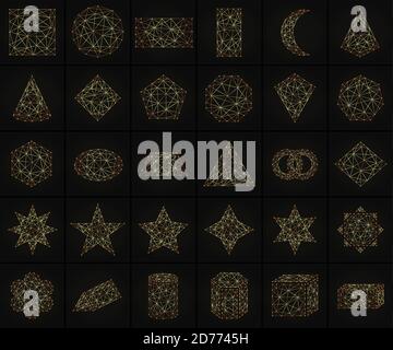Set of geometric shapes made from lines and dots isolated on black background. Stock Vector