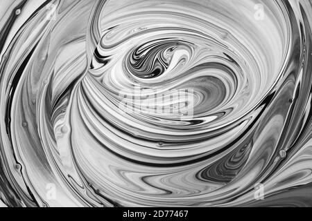 Black and white waves on gray fusion of colors. Fluid Art. Abstract marble background or texture Stock Photo