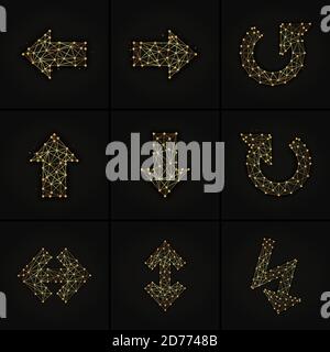Set of arrows golden abstract illustration on dark background. Arrow symbols made from lines and dots. Stock Vector