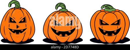 Set of Halloween pumpkins in cartoon style isolated on white background Stock Vector