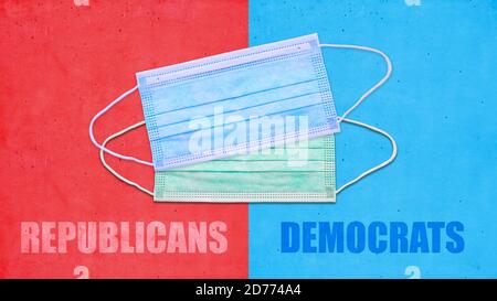 US America elections 2020, COVID 19. Democrats republicans text and medical masks on red blue background. Stock Photo