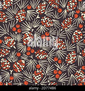 Hand Drawn Linocut Abstract Christmas Pine Cone Foliage Horizontal Vector Seamless Pattern Stock Vector