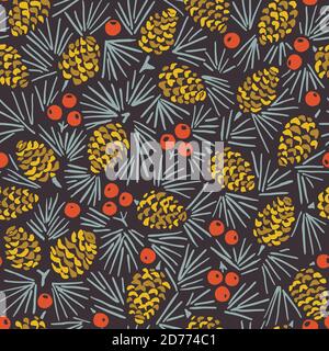 Hand Drawn Linocut Abstract Christmas Pine Cone Foliage Horizontal Vector Seamless Pattern Stock Vector
