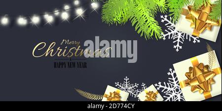 Christmas design with Xmas gift boxes in realistic 3D illustration. Xmas gift box, golden bow, Xmas fir, gold shiny text Merry Christmas Happy New Year on dark blue background. Horizontal card, header Stock Photo