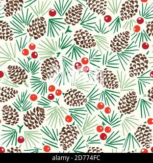Hand Drawn Linocut Abstract Christmas Pine Cone Foliage Horizontal Vector Seamless Pattern Stock Vector